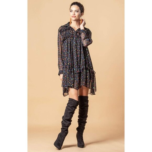 Anthropologie Eva Franco Black Chiffon Ruffled Polka Dot Collared Mini Dress - Picture 3 of 3